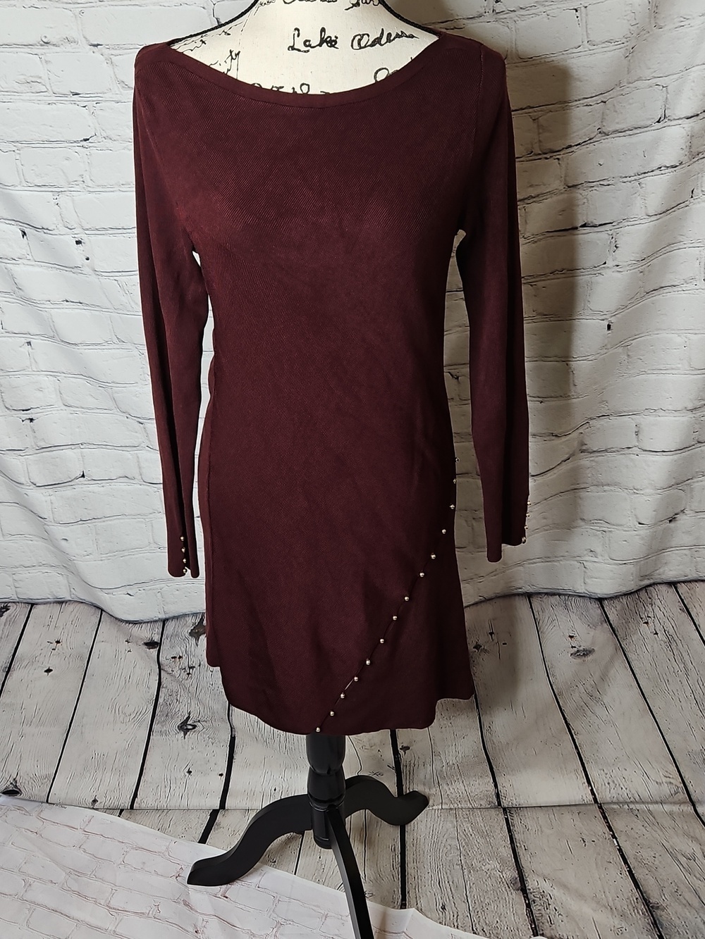 White House Black Market Burgundy Long Sleeve Knit Dress/Tunic Size Medium